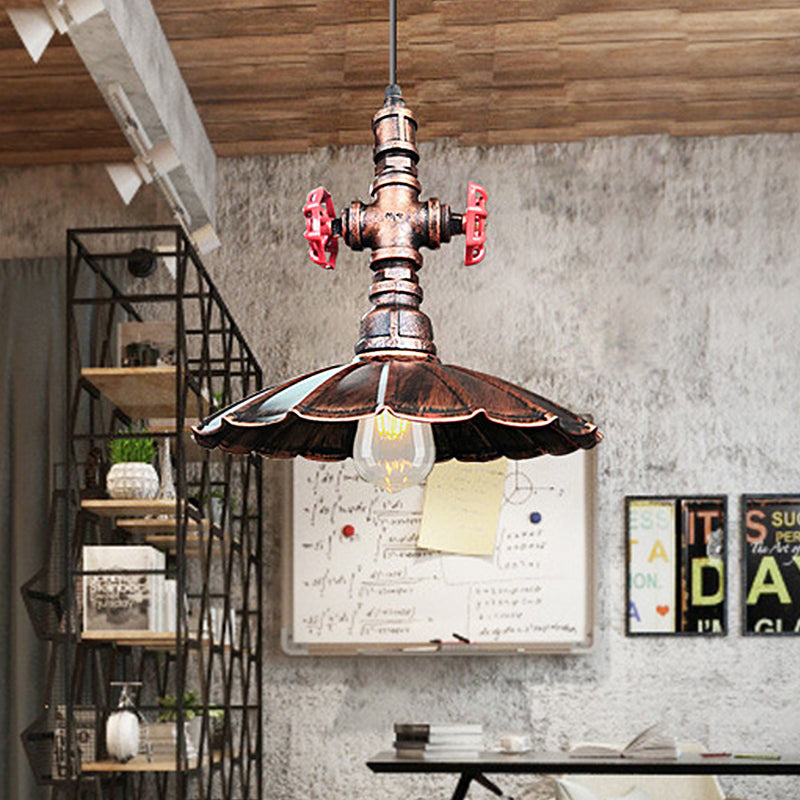 1 Light Rustic Scalloped Edge Ceiling Pendant in Brass/Weathered Copper with Pipe & Valve