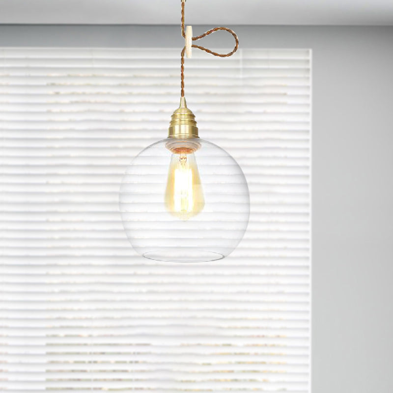 Luminaire suspendu industriel Globe - 1 lampe, lampe suspendue en verre transparent en laiton - 8"/10"/12" de large