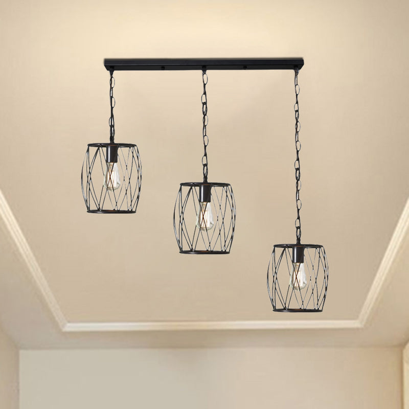 Lampe suspendue élégante en métal noir - Lampe suspendue à 3 ampoules avec abat-jour en cage de style industriel pour hall d'entrée