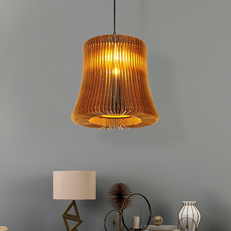 Asian Stylish Pendant Lighting - Brown Corrugated Paper Ceiling Fixture With Cylinder Shade Ideal
