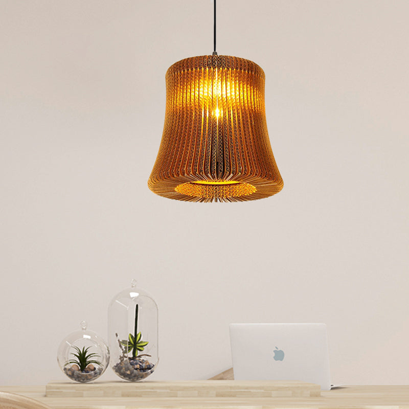 Asian Stylish Pendant Lighting - Brown Corrugated Paper Ceiling Fixture With Cylinder Shade Ideal