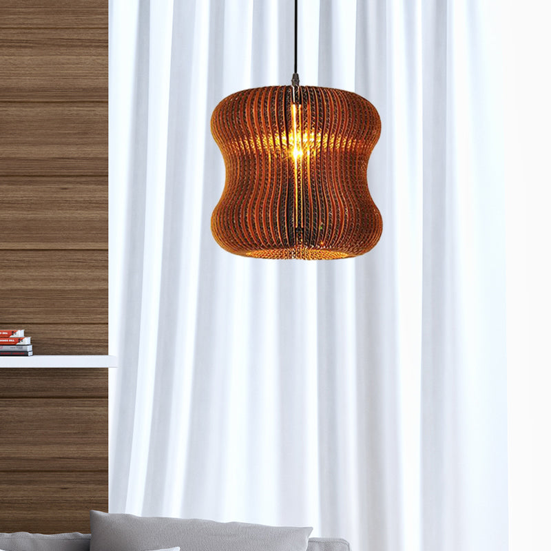 Asian Stylish Pendant Lighting - Brown Corrugated Paper Ceiling Fixture With Cylinder Shade Ideal