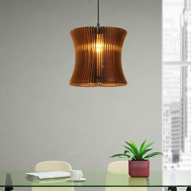 Asian Stylish Pendant Lighting - Brown Corrugated Paper Ceiling Fixture With Cylinder Shade Ideal