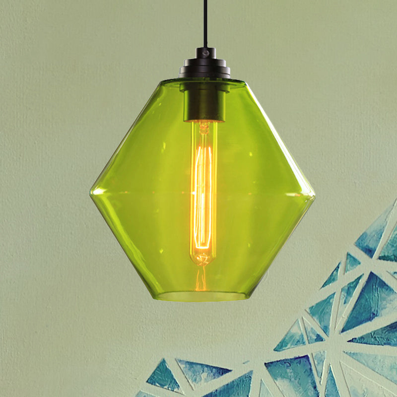Vintage Black Diamond Shade Ceiling Pendant Light With Colored Glass Hangings