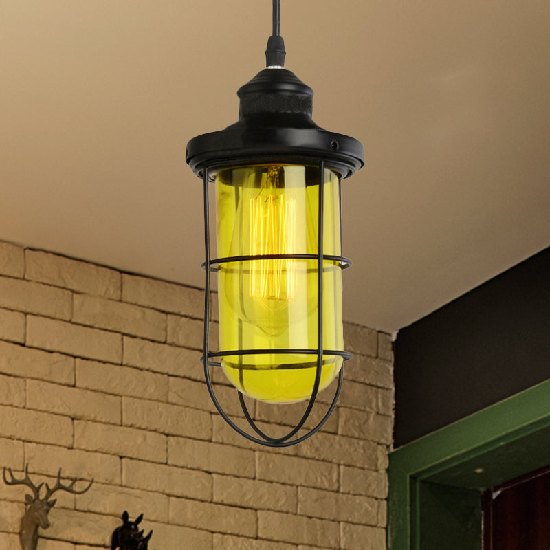 Suspension vintage en verre avec cage en noir - Plafonnier suspendu à une ampoule pour salon