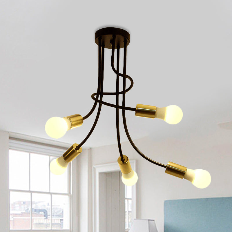 Vintage Bare Bulb Ceiling Light - Black/Gold Metallic Semi Flush with Curved Arm for Bedroom