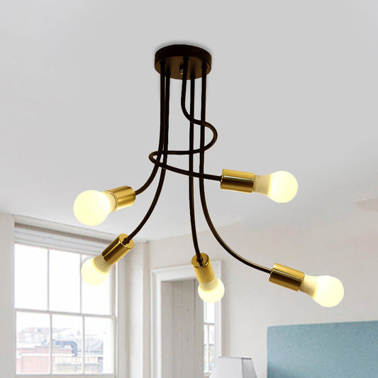 Vintage Bare Bulb Ceiling Light - Black/Gold Metallic Semi Flush with Curved Arm for Bedroom