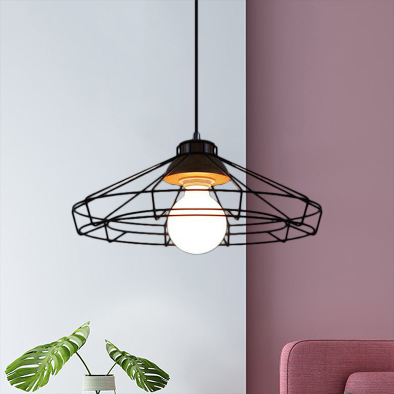 Suspension rétro en métal avec abat-jour en forme de cage cylindrique - Lampe suspendue pour chambre à coucher en noir