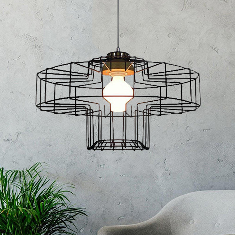 Suspension rétro en métal avec abat-jour en forme de cage cylindrique - Lampe suspendue pour chambre à coucher en noir