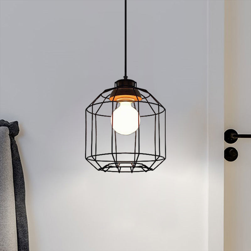 Suspension rétro en métal avec abat-jour en forme de cage cylindrique - Lampe suspendue pour chambre à coucher en noir