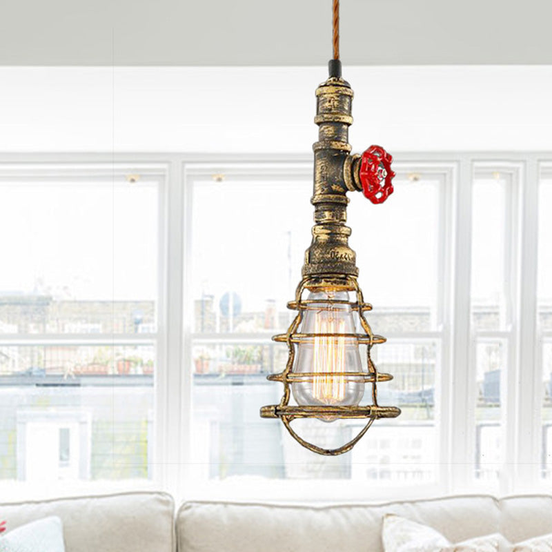 Farmhouse Style Metal Wire Cage Pendant Light with Valve Design in Black/Red Finish - Indoor Hanging Fixture [1-Light]