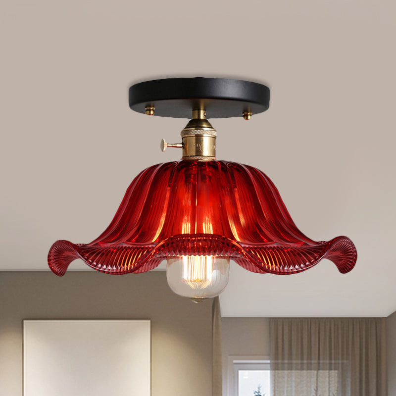 Rustic Ribbed Glass Scalloped Semi Flush Light, Red/Blue/Clear, 8"/10"/12" Wide