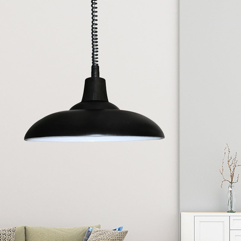 Suspension en métal de style industriel avec cordon réglable - Abat-jour en forme de bol noir/vert, 1 lumière - Parfait pour le salon
