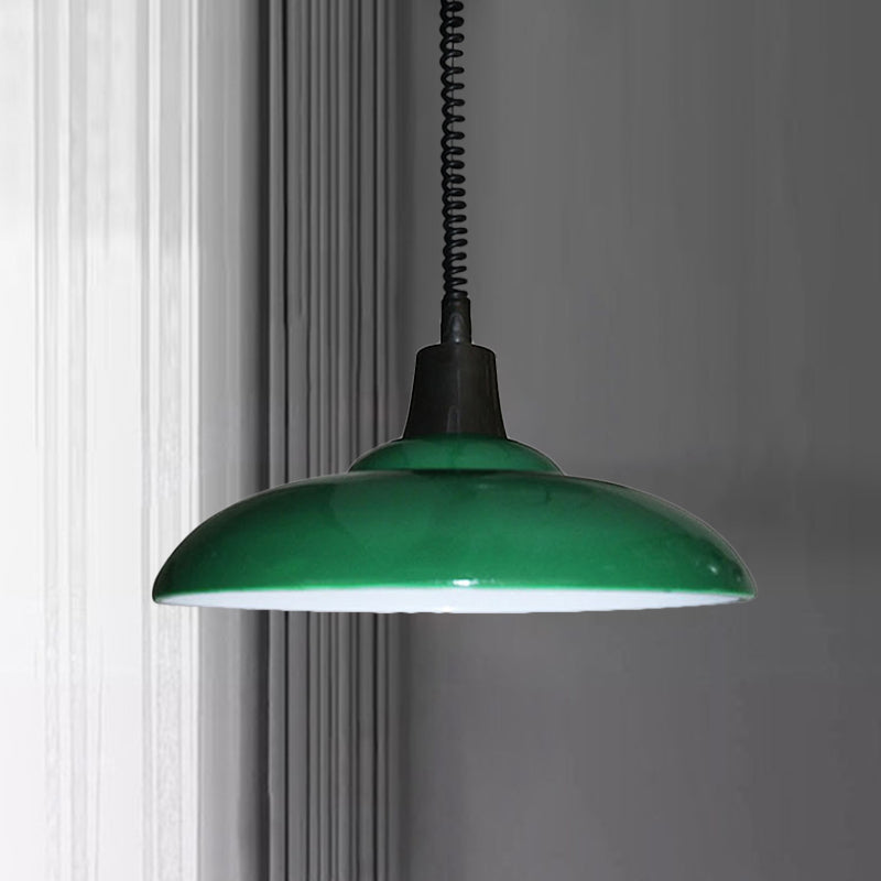 Suspension en métal de style industriel avec cordon réglable - Abat-jour en forme de bol noir/vert, 1 lumière - Parfait pour le salon