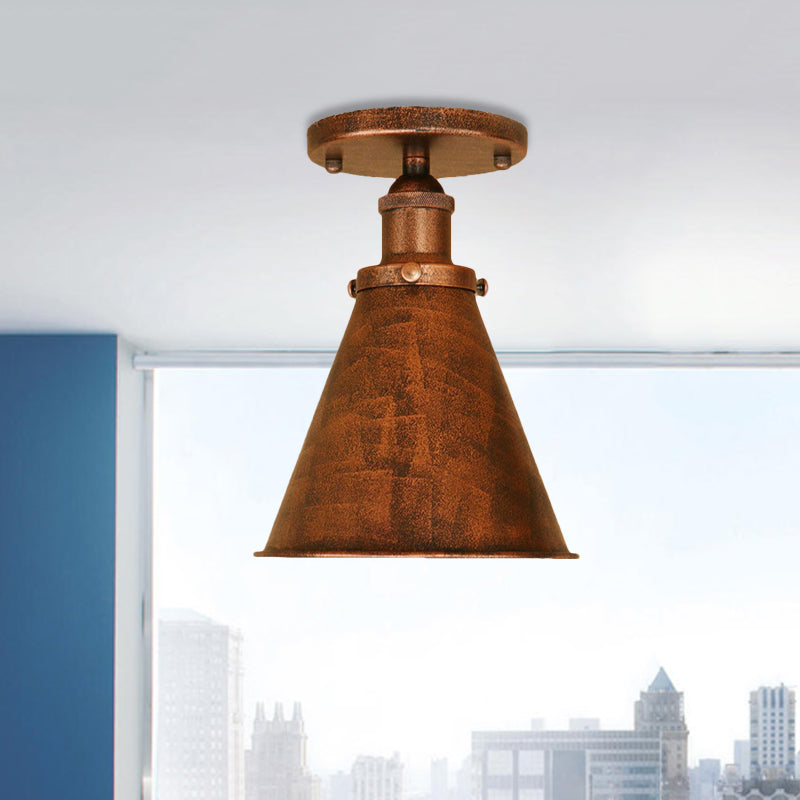 Metallic Vintage Style Rust/Copper Semi Flush Light Fixture - 1 Light Tapered Indoor Design