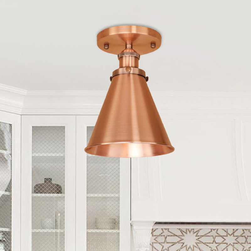 Metallic Vintage Style Rust/Copper Semi Flush Light Fixture - 1 Light Tapered Indoor Design