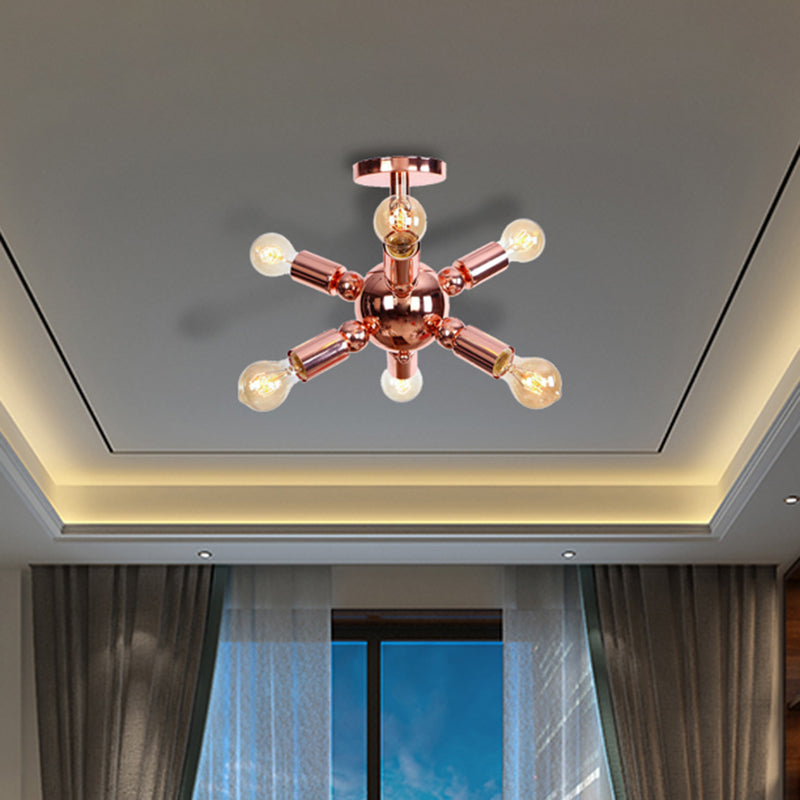 Vintage Copper Finish 6/9 Lights Starburst Semi Flush Ceiling Light For Bedroom