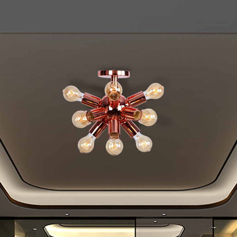 Vintage Copper Starburst Ceiling Light with Bare Bulb - Ideal for Restaurants (6/9 Heads)