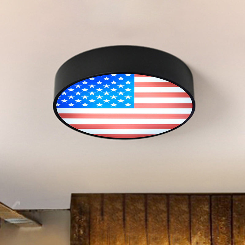 Rustic Metal LED Drum Flush Mount Light with Flag Pattern - Industrial Style