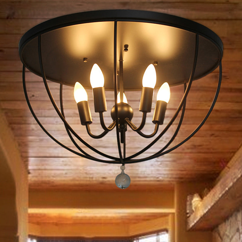 Retro Black Metallic Flush Mount Ceiling Light With Wire Cage And Clear Crystal Ball - 1/4/5 Heads 5