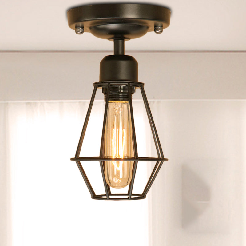 Plafonnier semi-encastré en fer noir de style industriel avec design à cage ouverte pour salon