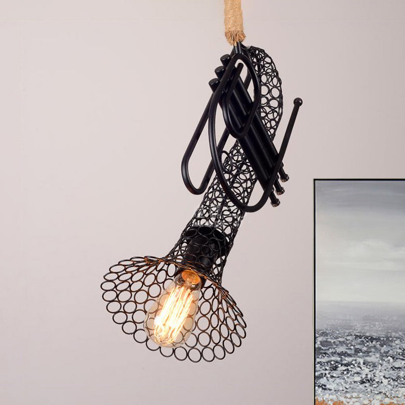 Black Metallic Trumpet Pendant Light with Mesh Shade - Rustic Retro Balcony Hanging Light