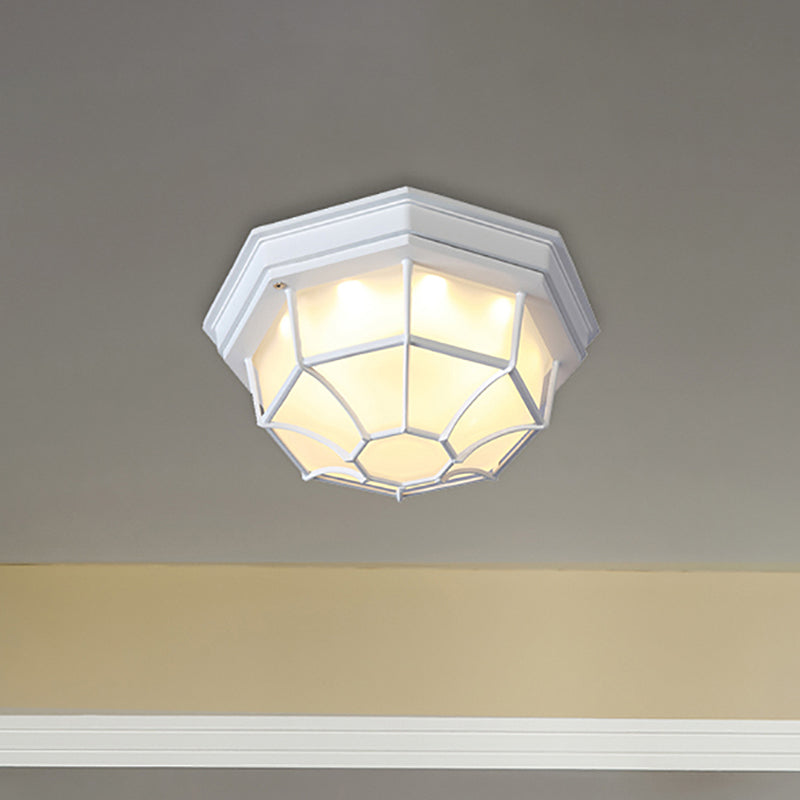 White Geometric Flush Ceiling Mount Light Fixture - Industrial Frosted Glass for Bedroom (9.5"/10" Wide)