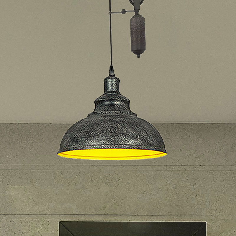 Rustic Industrial Dome Pendant Lamp with Pulley - 1 Light Metal Fixture in Brown/Grey for Living Room Lighting