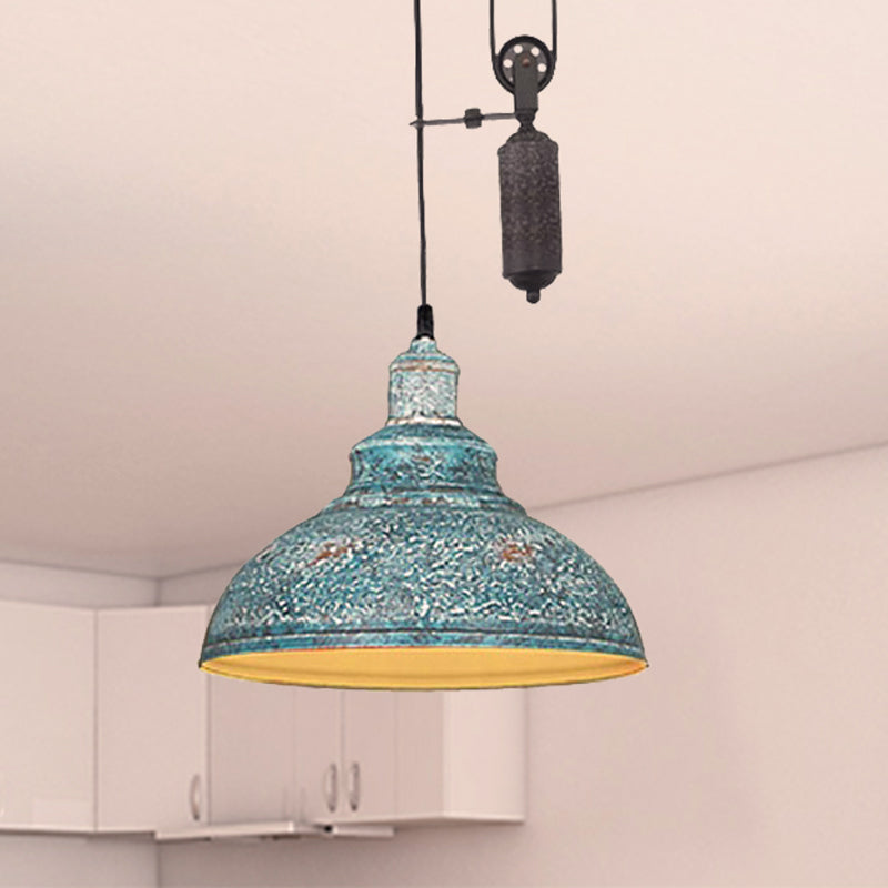 Rustic Industrial Dome Pendant Lamp with Pulley - 1 Light Metal Fixture in Brown/Grey for Living Room Lighting