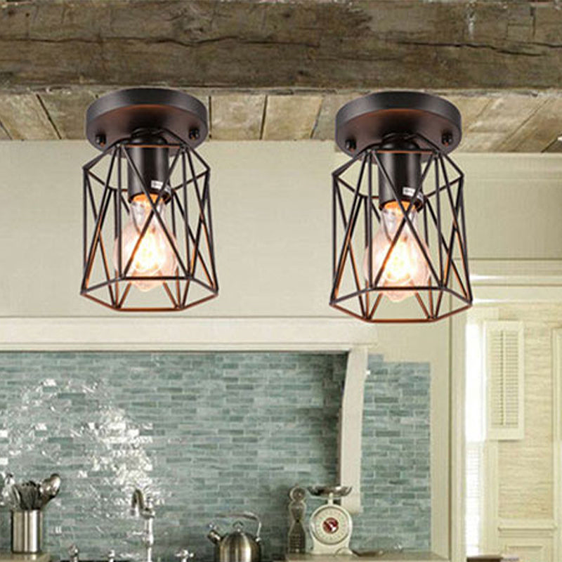 Vintage Style Black Wire Cage Semi Flush Light Ceiling Mounted Fixture for Kitchen