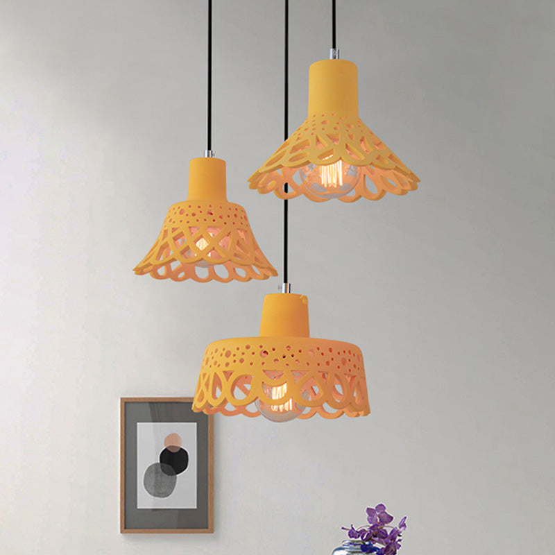 Nordic Style Etched Pendant Lighting: Concrete 1-Light Grey/White/Yellow with Geometric/Bell/Flared Shade