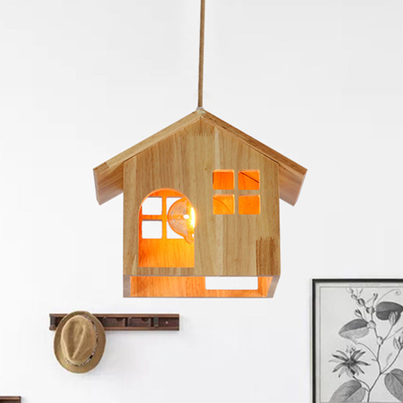Modern Wooden House Shaped Pendant Lamp With Adjustable Cord - Natural Wood 1-Light Hanging Light