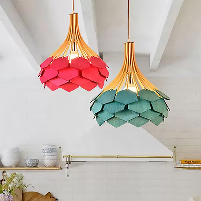 Modern Pine Cone Hanging Light Fixture - Wood Pendant Lamp For Dining Room With Red/Blue 1 Bulb