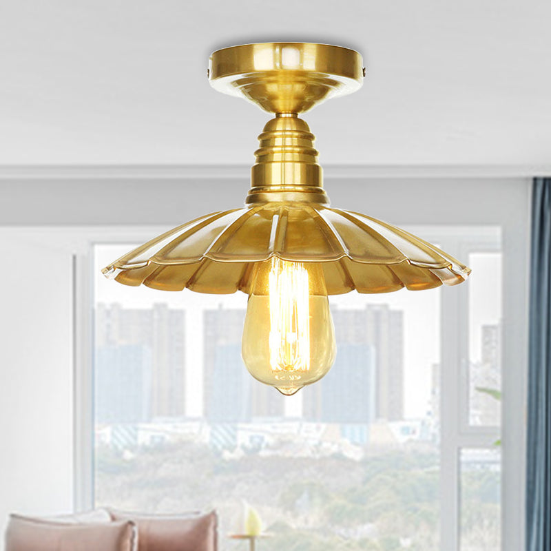 Vintage Waveforms/Scalloped Shade Semi Flush Ceiling Light - Brass Finish, 8"/9.5" W, Metal Fixture
