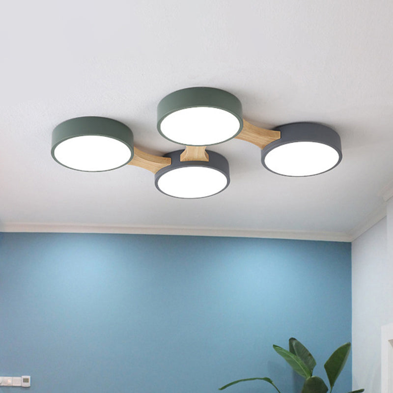 Nordic Wood and Metal Flush Ceiling Light - Round, Grey Shade, 3/4/5 Lights, Ideal for Bedroom - Warm/White