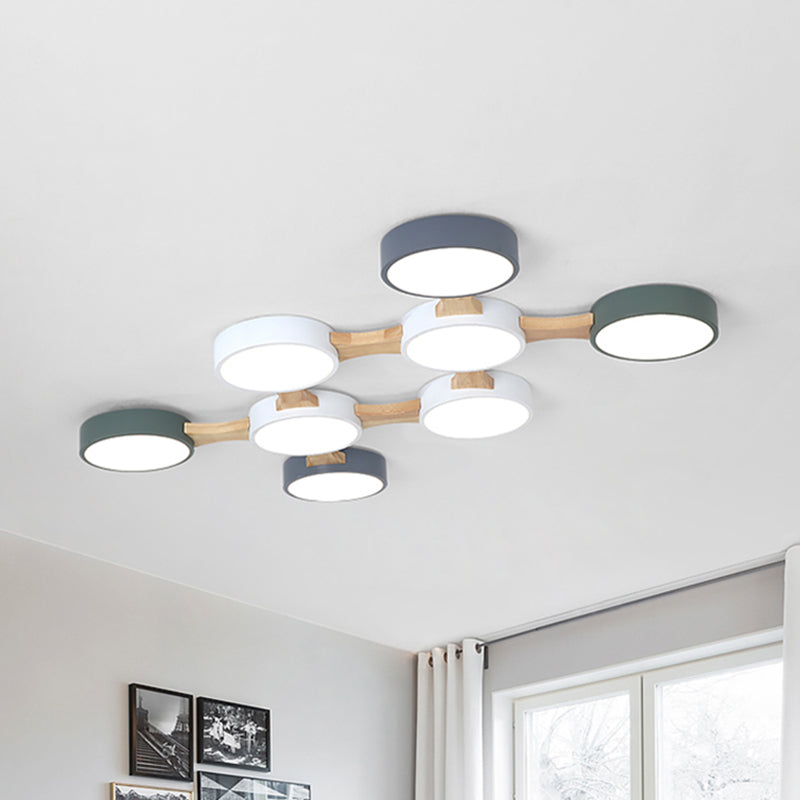 Nordic Wood and Metal Flush Ceiling Light - Round, Grey Shade, 3/4/5 Lights, Ideal for Bedroom - Warm/White