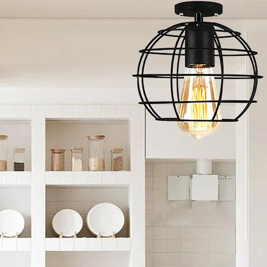 Farmhouse Style Semi Flush Mount Ceiling Light - Global/Barrel Iron with Wire Guard, 1 Light, Black Finish
