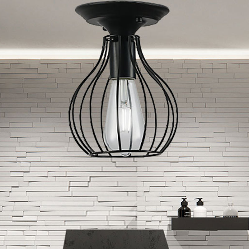 Plafonnier industriel élégant en fer noir - Design cage ovale/cloche, 1 lampe suspendue semi-encastrée pour couloir