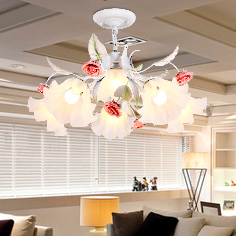 Pastoral Scalloped Pendant Chandelier With Metal Frame And Rose Decoration - White 4/6/9 Heads 6 /