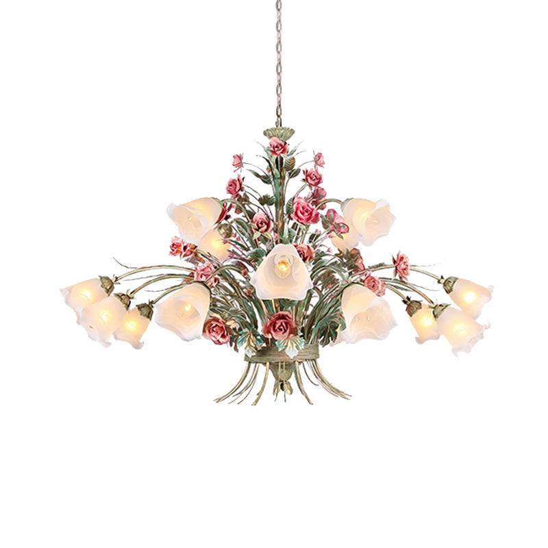 Country Style Metal Chandelier With Curving Arm - 16-Bulb Led Flower Pendant Light Green Ideal For