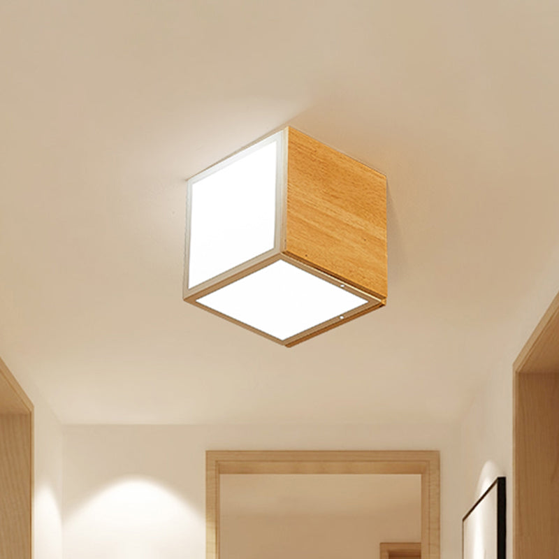 Modern Chinese LED Flush Mount Light - Wooden Box Design with Warm/White Light