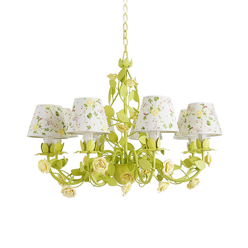 Tapered Green Pendant Chandelier With Traditional Metal Heads And Rose Decoration
