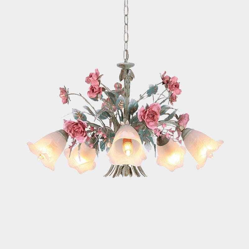 Green Metal Chandelier Light Fixture - Countryside Rose Down Lighting For Living Room (5/8 Bulbs)
