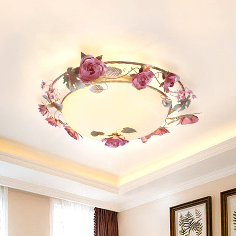 Rustic Metal Bowl Ceiling Lamp with Flower Decor - Flush Mount Light Fixture for Dining Room - White - 2/3/4 Bulbs
