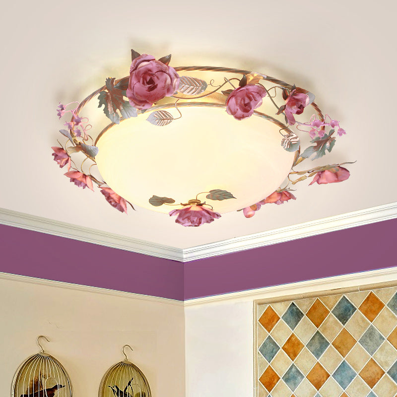 Rustic Metal Bowl Ceiling Lamp with Flower Decor - Flush Mount Light Fixture for Dining Room - White - 2/3/4 Bulbs