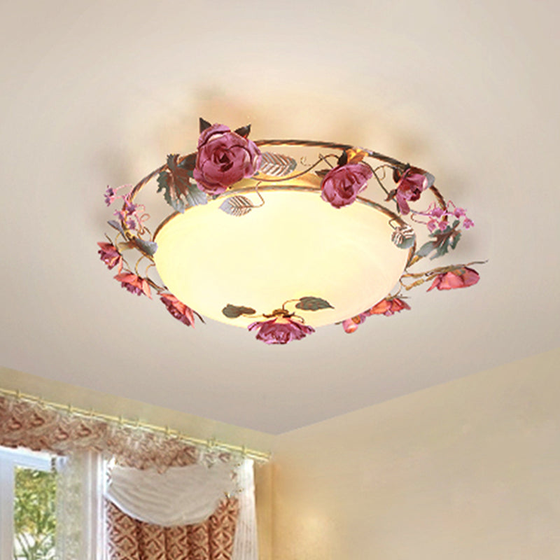 Rustic Metal Bowl Ceiling Lamp with Flower Decor - Flush Mount Light Fixture for Dining Room - White - 2/3/4 Bulbs