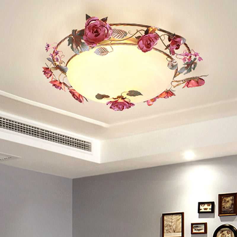 Rustic Metal Bowl Ceiling Lamp with Flower Decor - Flush Mount Light Fixture for Dining Room - White - 2/3/4 Bulbs