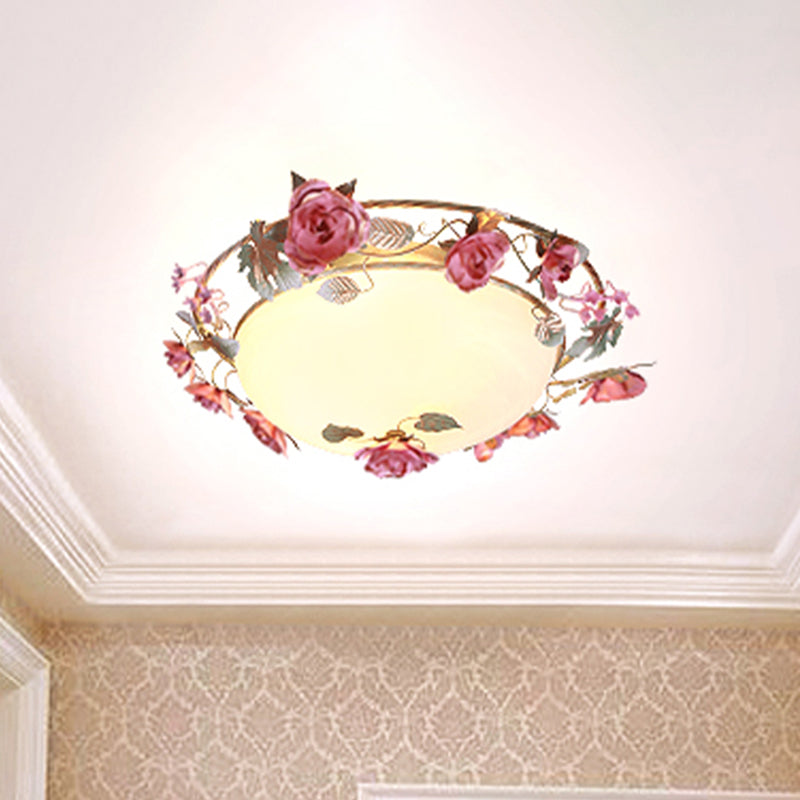 Rustic Metal Bowl Ceiling Lamp with Flower Decor - Flush Mount Light Fixture for Dining Room - White - 2/3/4 Bulbs