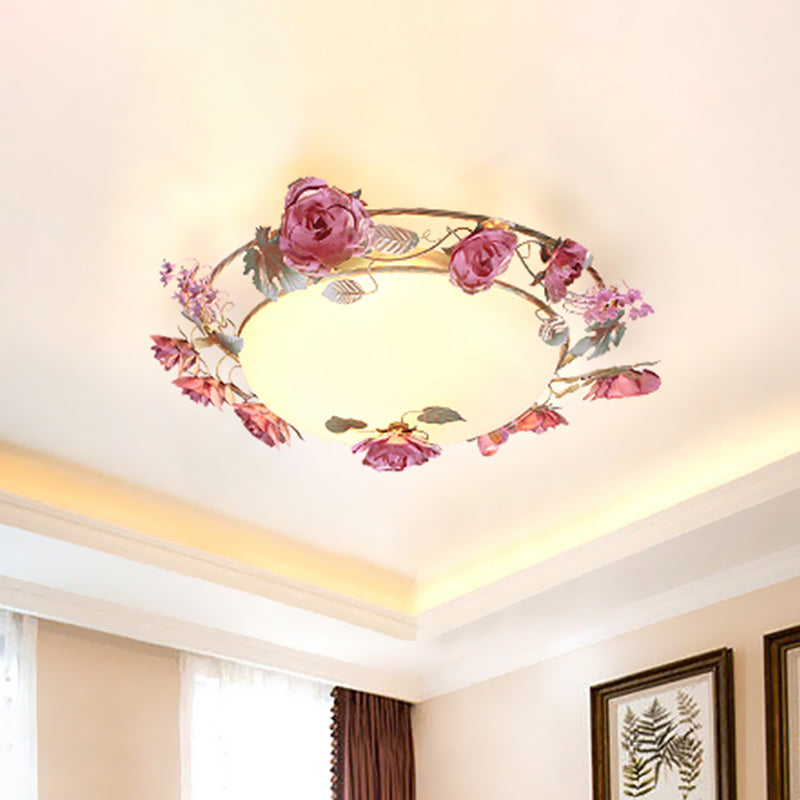 Rustic Metal Bowl Ceiling Lamp with Flower Decor - Flush Mount Light Fixture for Dining Room - White - 2/3/4 Bulbs