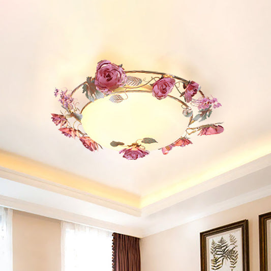 Rustic Metal Bowl Ceiling Lamp with Flower Decor - Flush Mount Light Fixture for Dining Room - White - 2/3/4 Bulbs
